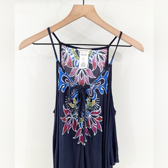Trina Turk Lotus Batik Cold Shoulder Crinkled Gauze Coverup Blue Size Medium - Picture 4 of 8